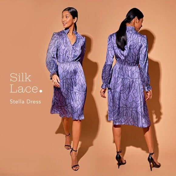 Tucker Stella Dress Lilac Nouveau Lace in Silk Stretch Charmeuse Long Sleeves - Picture 2 of 2